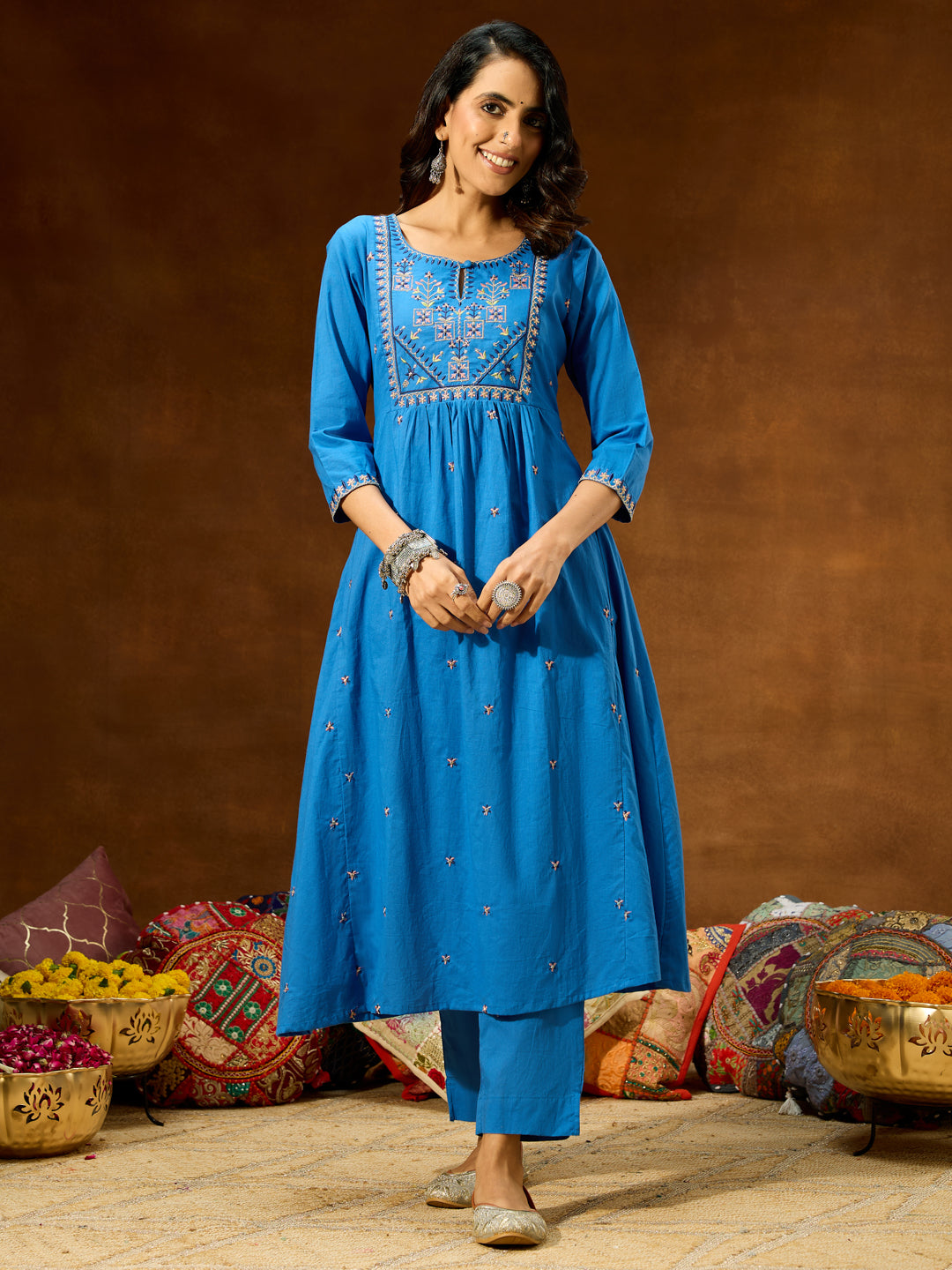 Janasya Women's Blue Pure Cotton Embroidered A-line Kurta With Pant Set