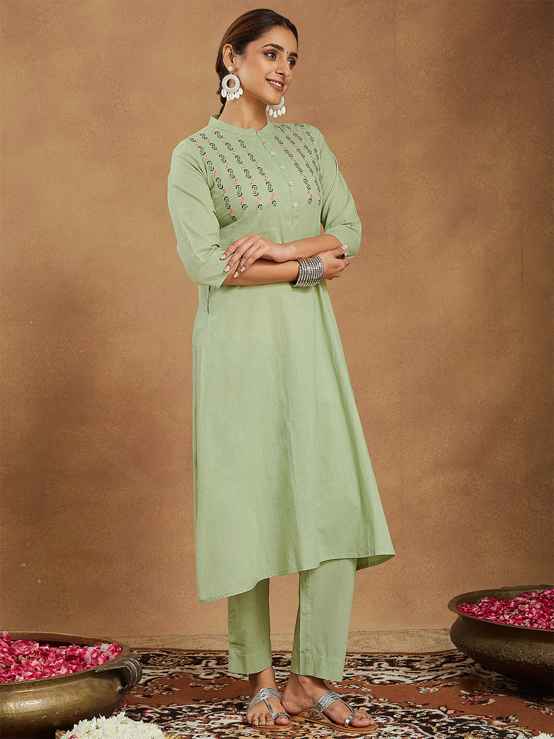 Janasya Women's Mint Green Pure Cotton Embroidered A-line Kurta Pant Set