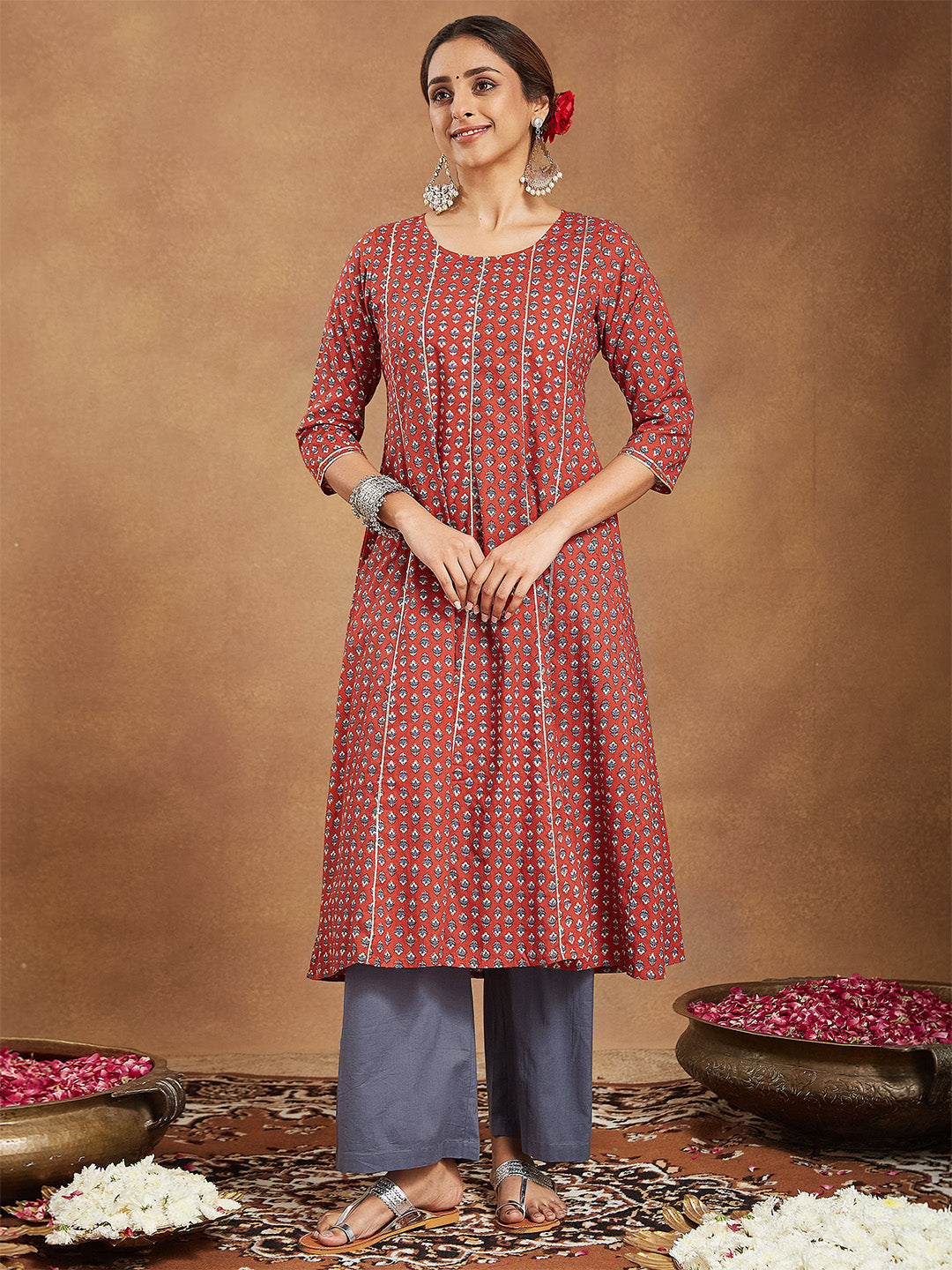 Janasya Women's Red Pure Cotton Floral Printed Anarkali Kurta With Palazzo Set