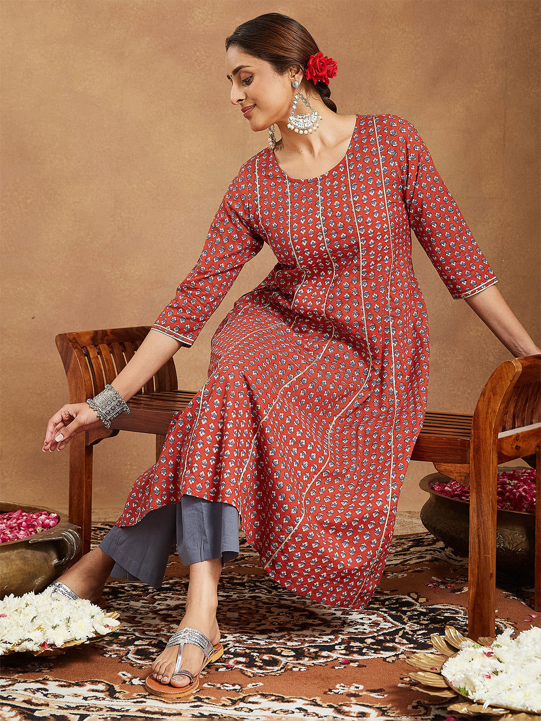 Janasya Women's Red Pure Cotton Floral Printed Anarkali Kurta With Palazzo Set