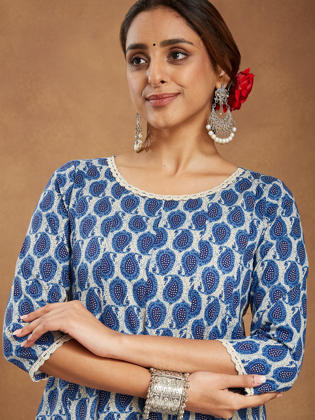 Janasya Women's Indigo Blue & Beige Pure Cotton Paisley Printed Anarkali Kurta Palazzo Set