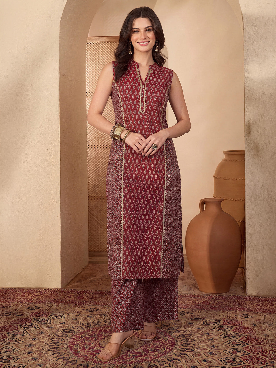 Janasya Women's Maroon Pure Cotton Ethnic Motifs Printed Straight Kurta Pant Set