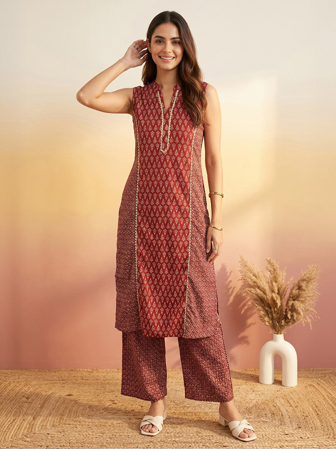 Janasya Women's Maroon Pure Cotton Ethnic Motifs Printed Straight Kurta Pant Set