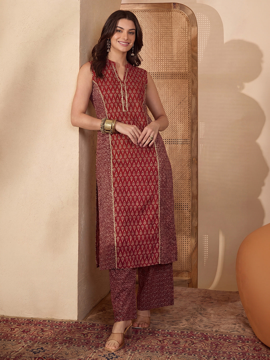 Janasya Women's Maroon Pure Cotton Ethnic Motifs Printed Straight Kurta Pant Set