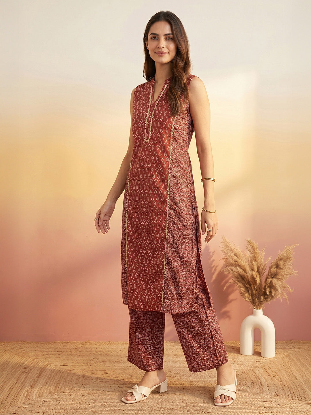 Janasya Women's Maroon Pure Cotton Ethnic Motifs Printed Straight Kurta Pant Set