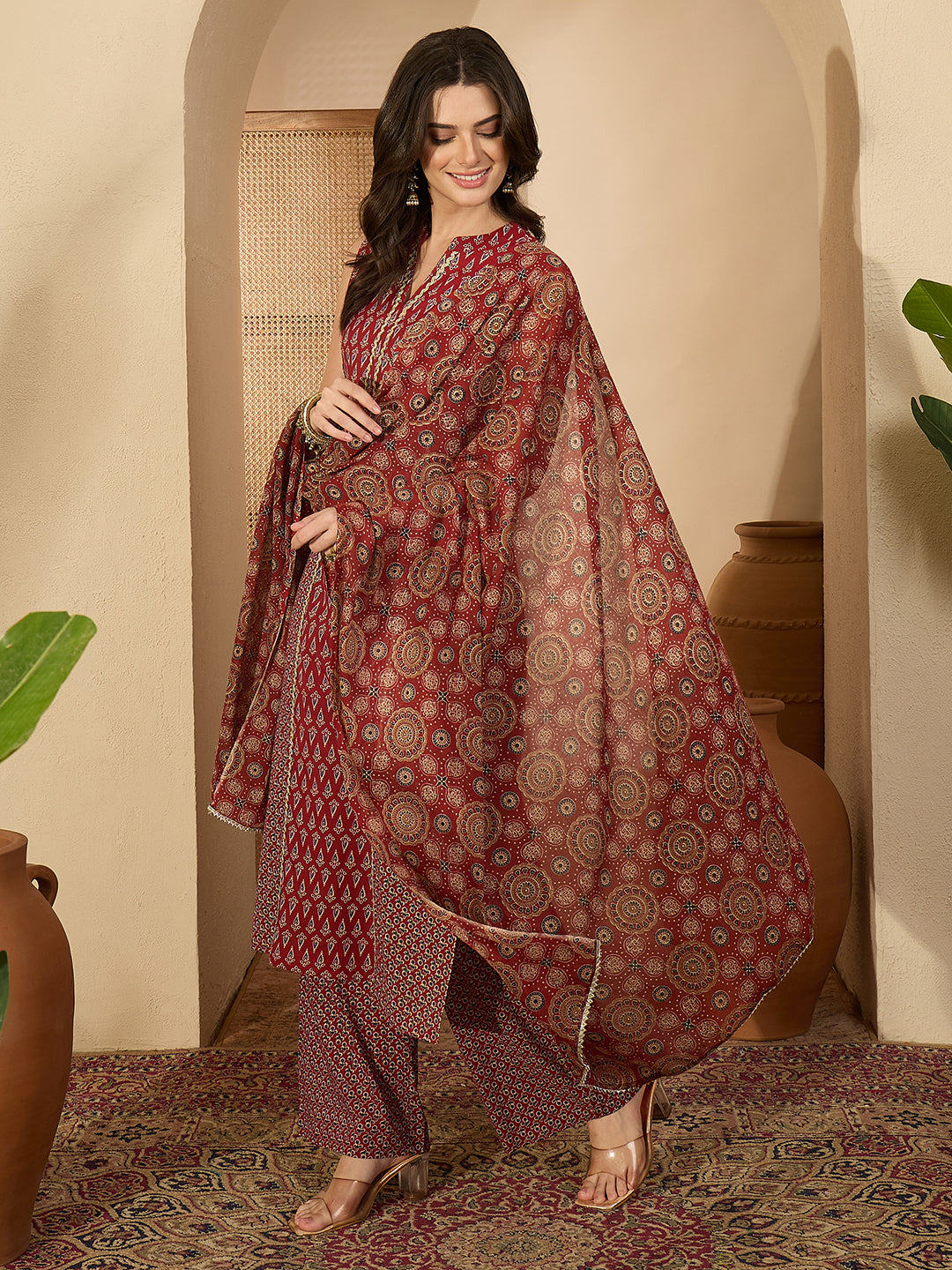 Janasya Women's Maroon Pure Cotton Ethnic Motifs Printed Straight Kurta Pant Set