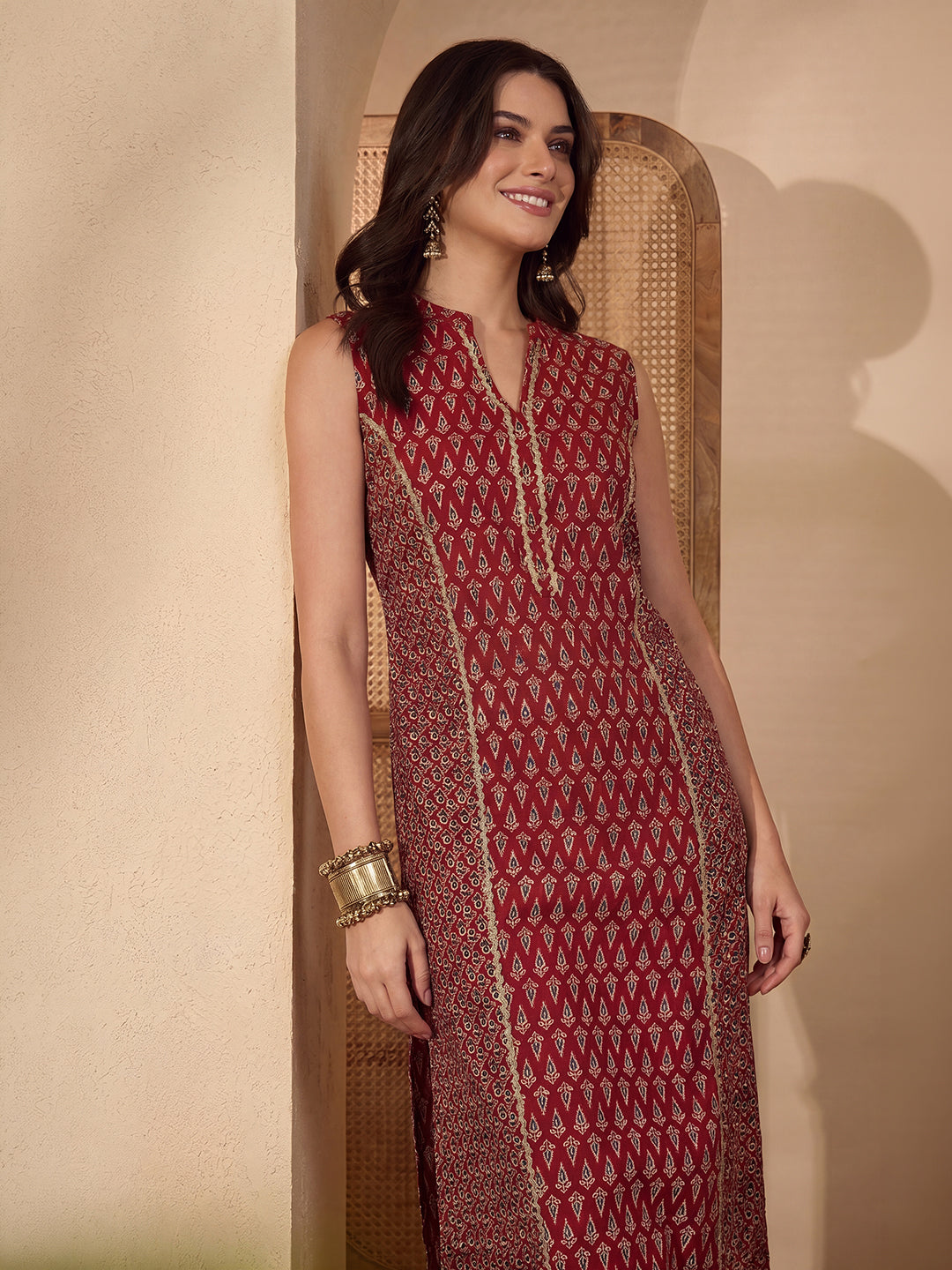 Janasya Women's Maroon Pure Cotton Ethnic Motifs Printed Straight Kurta Pant Set