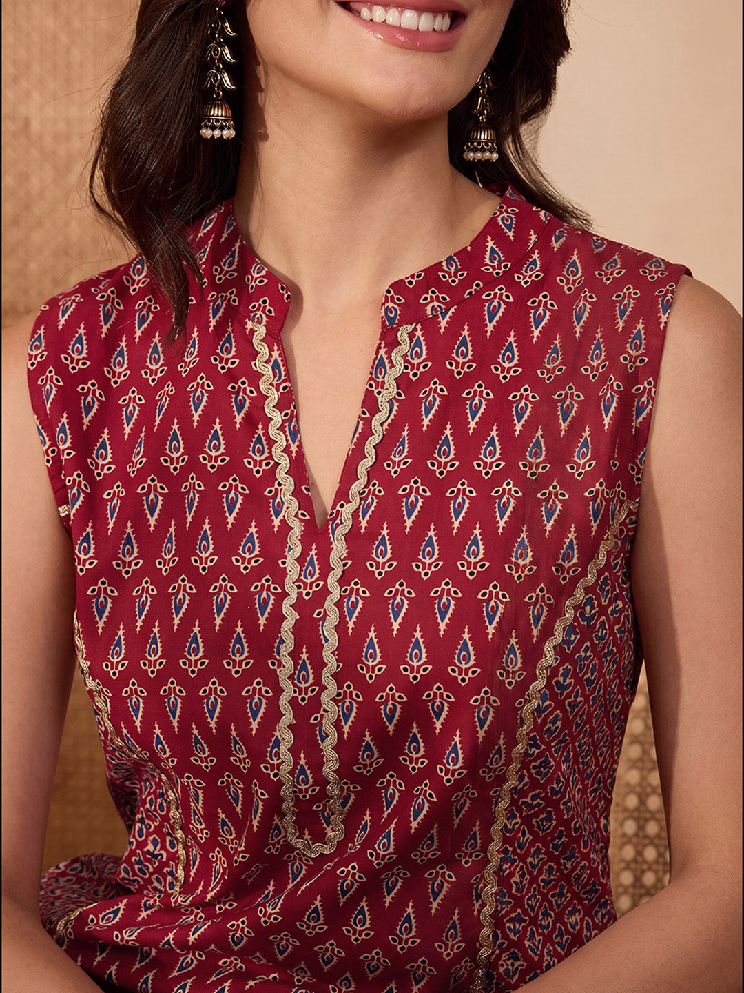 Janasya Women's Maroon Pure Cotton Ethnic Motifs Printed Straight Kurta Pant Set