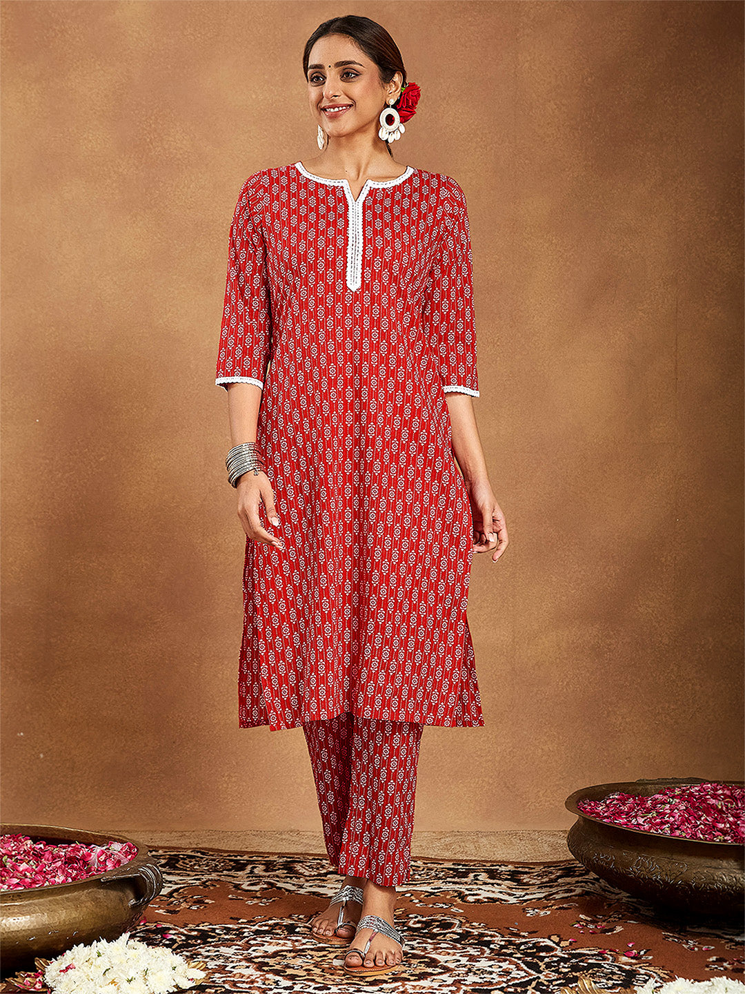 Janasya Women's Red Pure Cotton Ethnic Motifs Printed Straight Kurta Pant Set