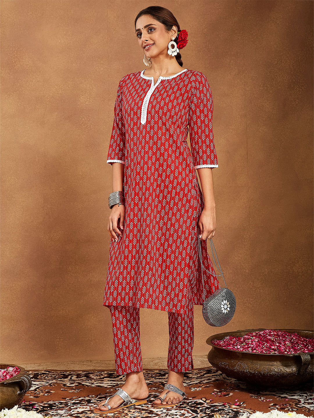 Janasya Women's Red Pure Cotton Ethnic Motifs Printed Straight Kurta Pant Set