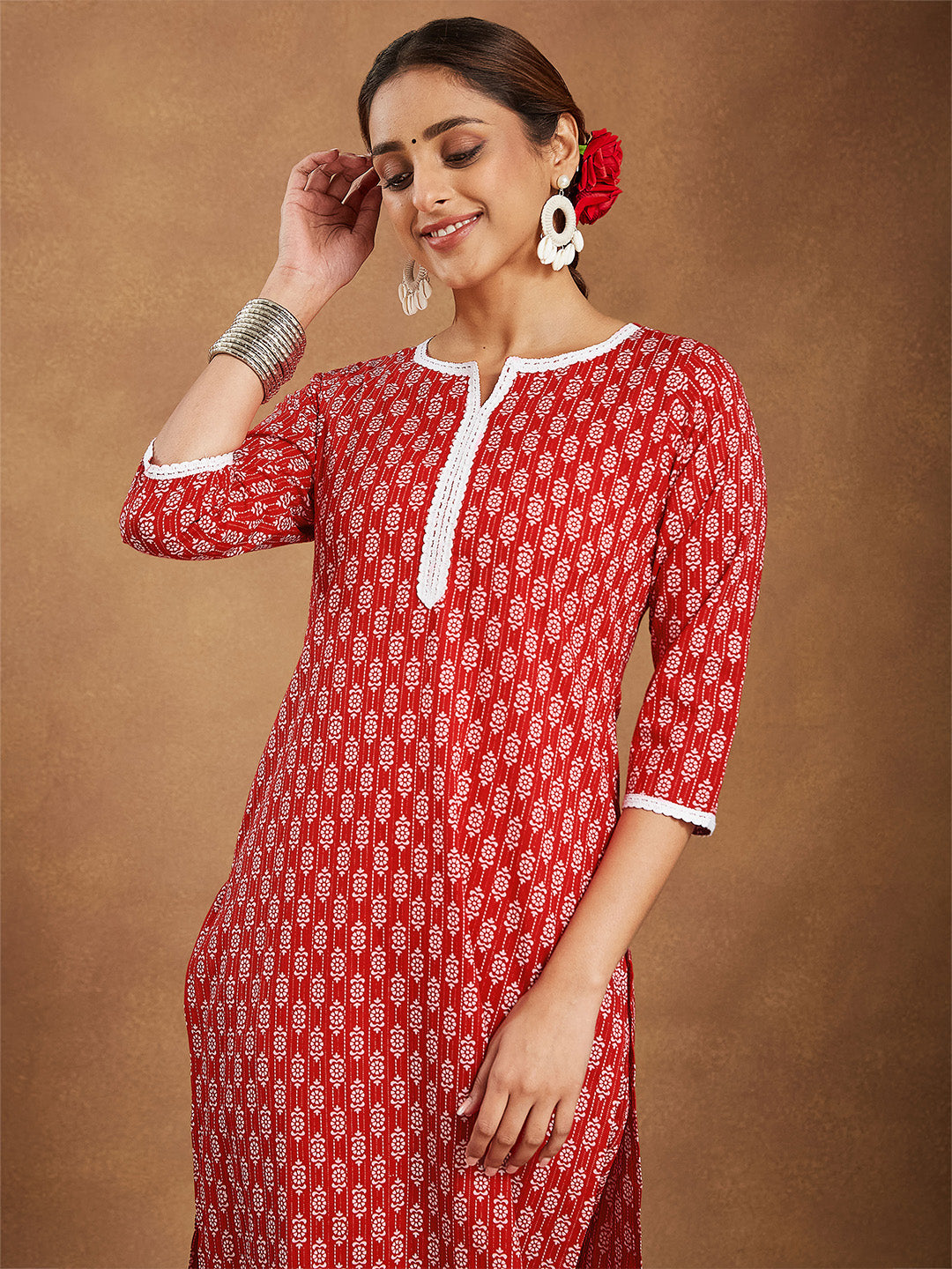 Janasya Women's Red Pure Cotton Ethnic Motifs Printed Straight Kurta Pant Set