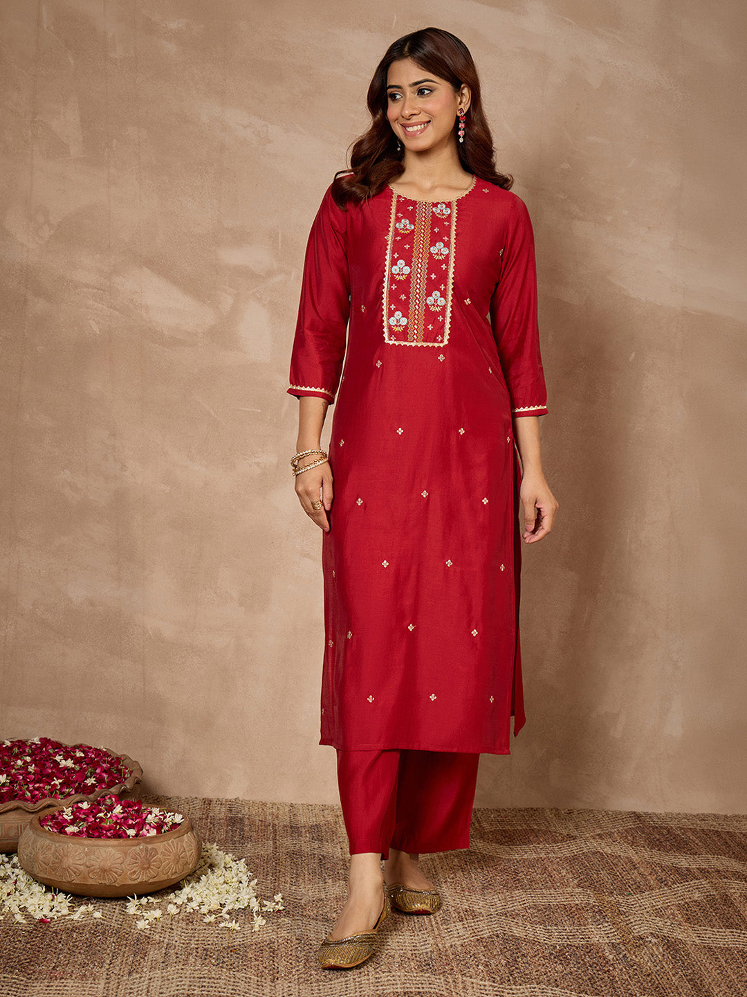 Janasya Women's Maroon Chanderi Silk Floral Zari Embroidered Straight Kurta with Pant Set