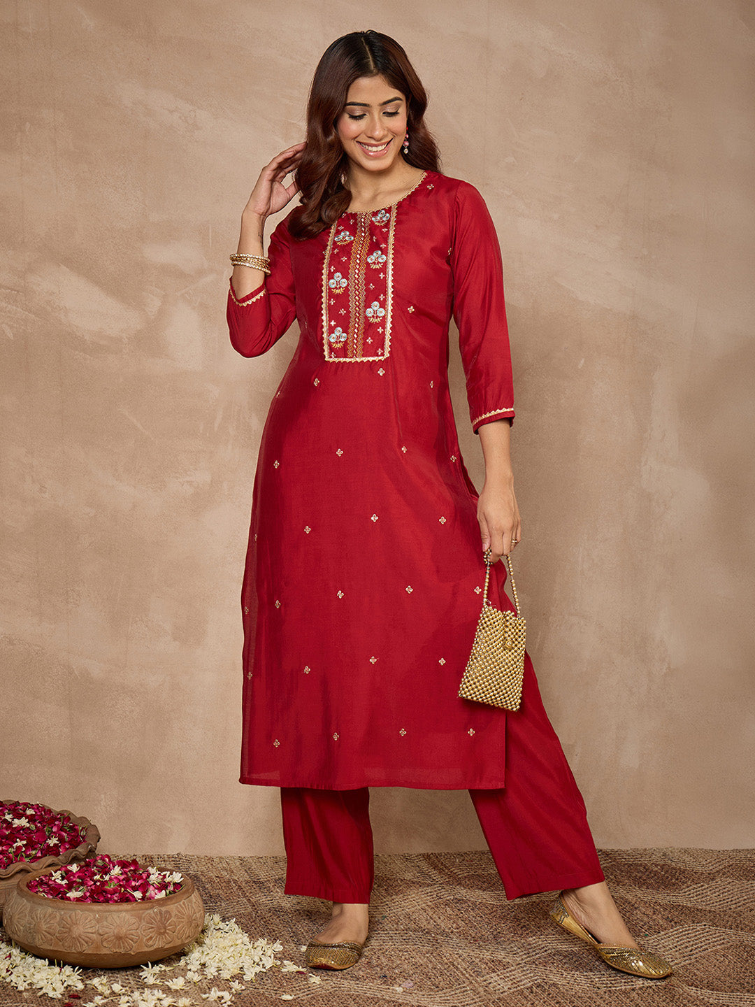 Janasya Women's Maroon Chanderi Silk Floral Zari Embroidered Straight Kurta with Pant Set