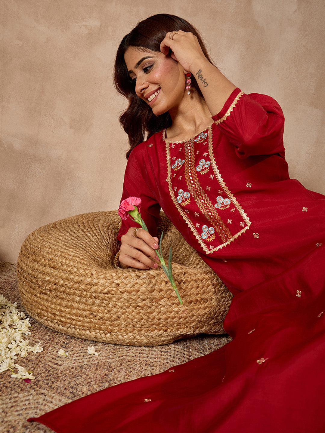Janasya Women's Maroon Chanderi Silk Floral Zari Embroidered Straight Kurta with Pant Set