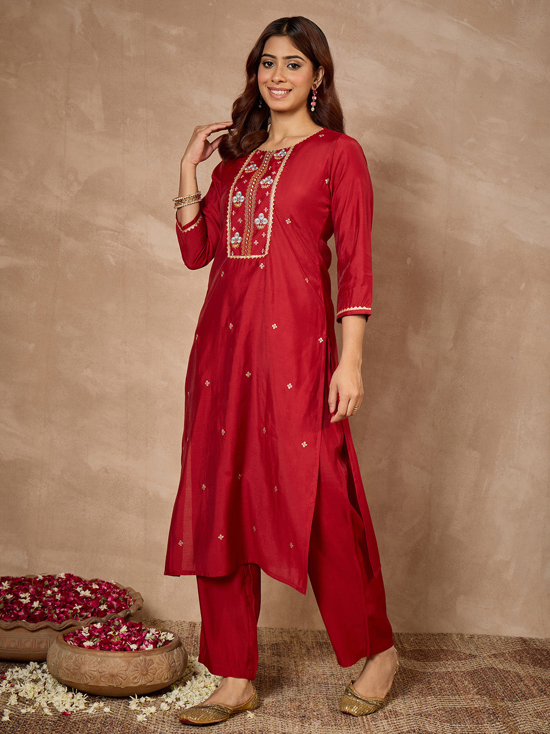 Janasya Women's Maroon Chanderi Silk Floral Zari Embroidered Straight Kurta with Pant Set