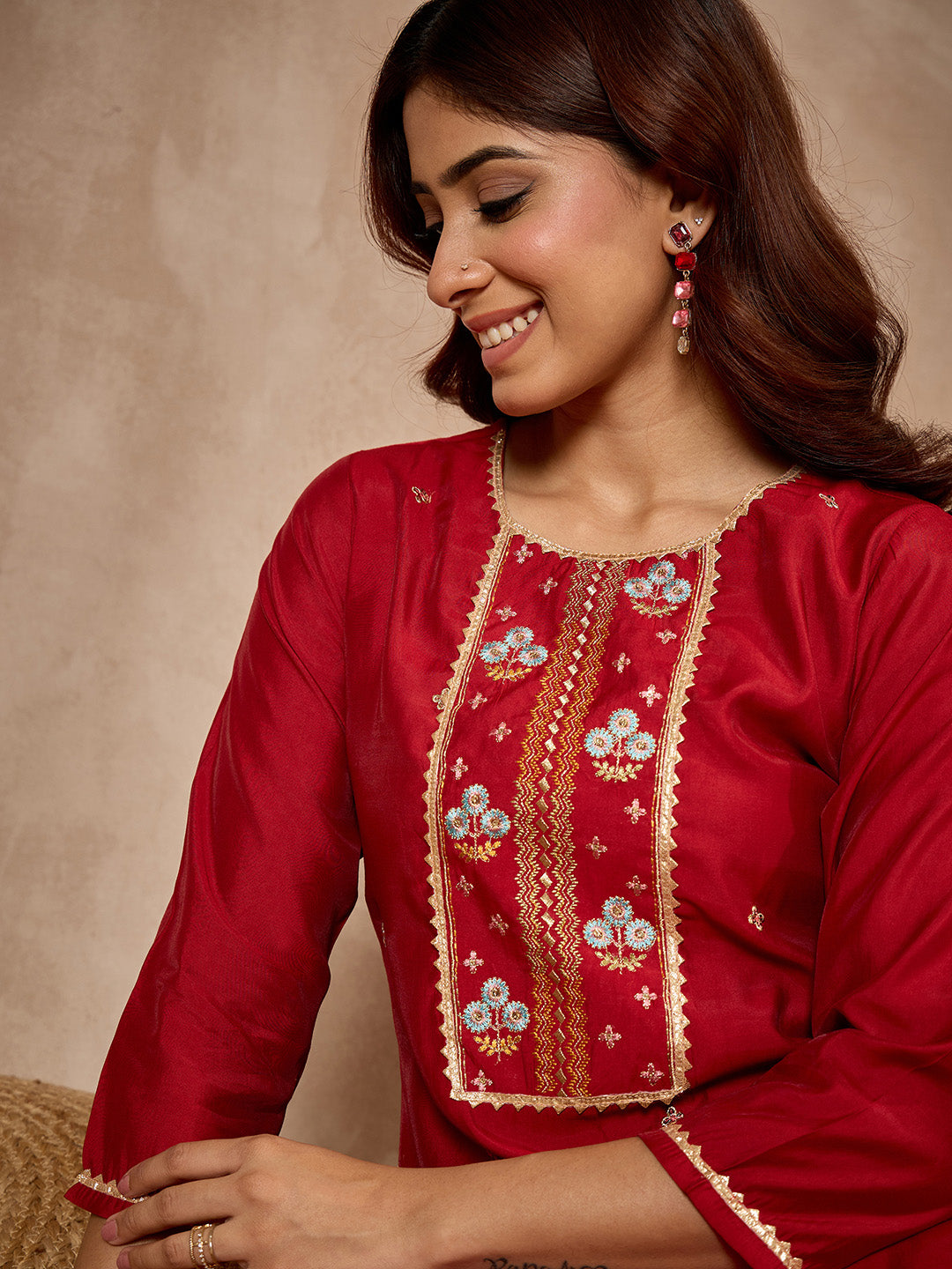Janasya Women's Maroon Chanderi Silk Floral Zari Embroidered Straight Kurta with Pant Set