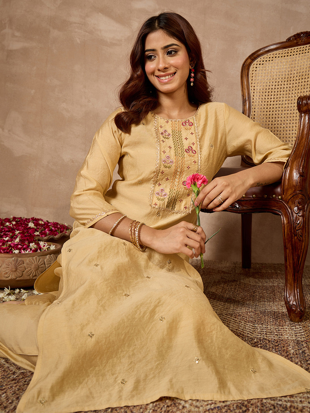 Janasya Women's Beige Chanderi Silk Zari Embroidered Straight Kurta Pant Set