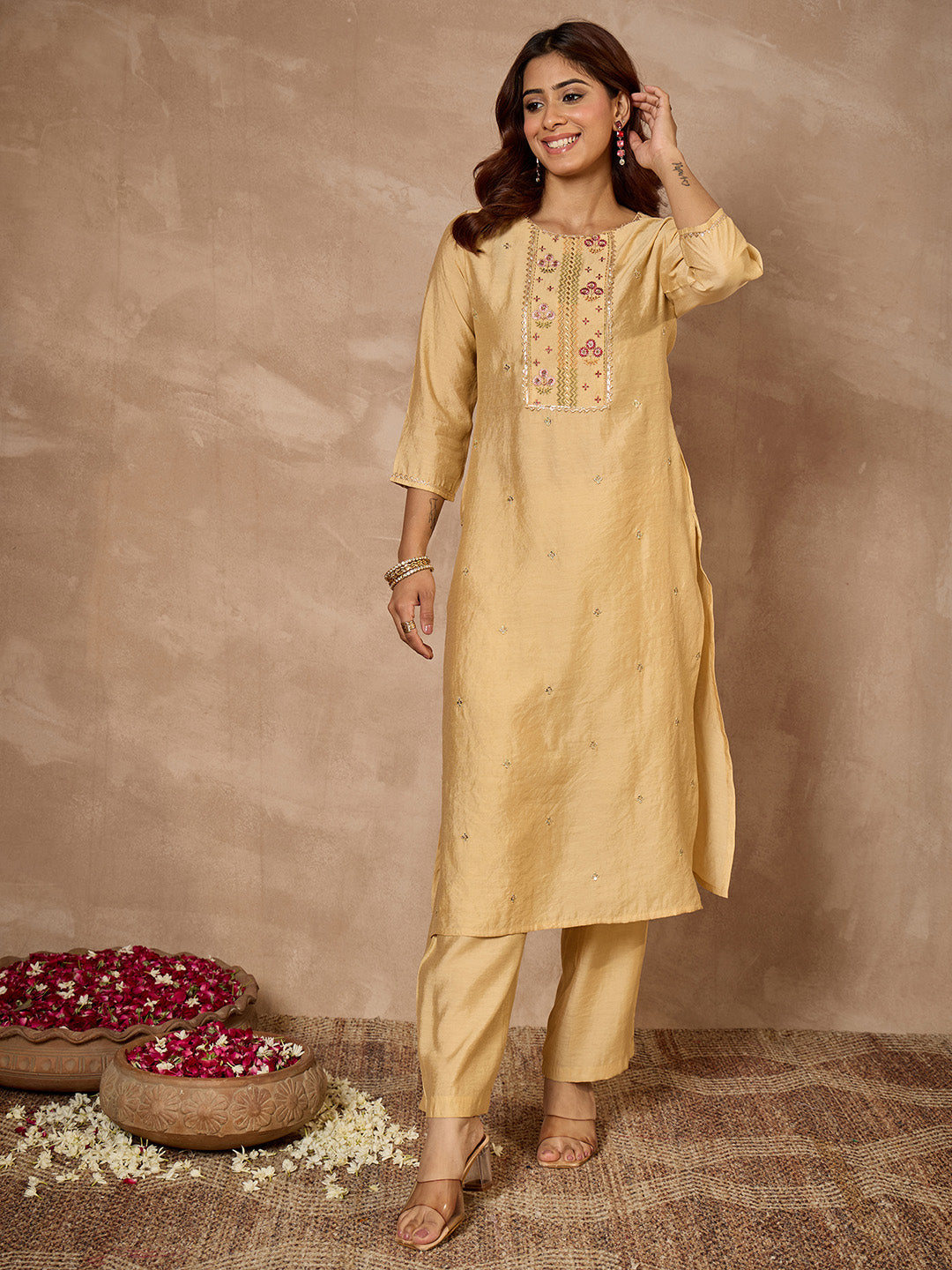 Janasya Women's Beige Chanderi Silk Zari Embroidered Straight Kurta Pant Set