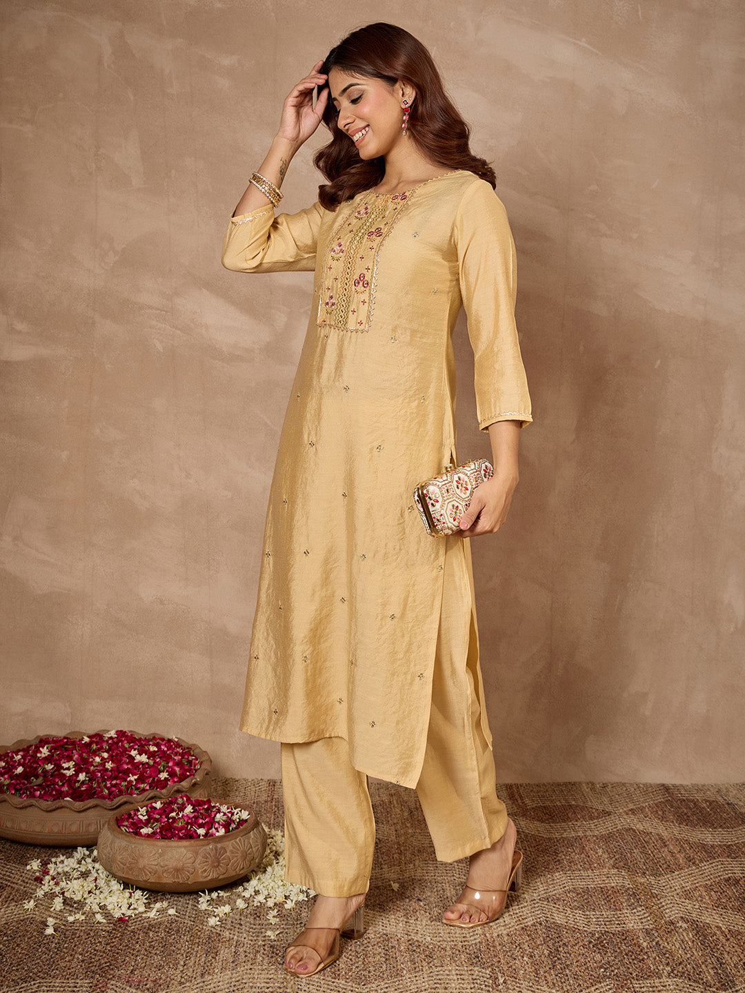 Janasya Women's Beige Chanderi Silk Zari Embroidered Straight Kurta Pant Set