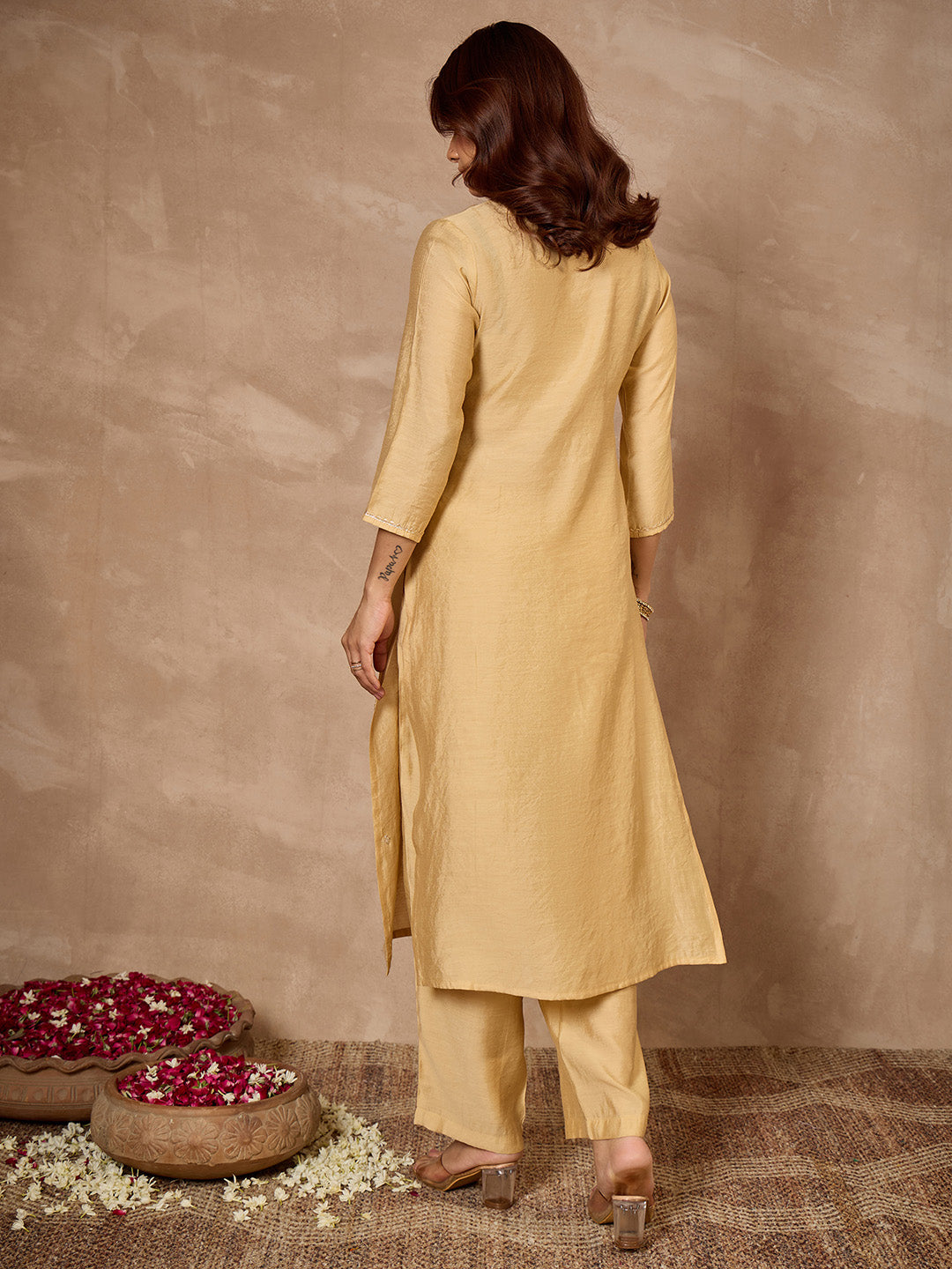 Janasya Women's Beige Chanderi Silk Zari Embroidered Straight Kurta Pant Set