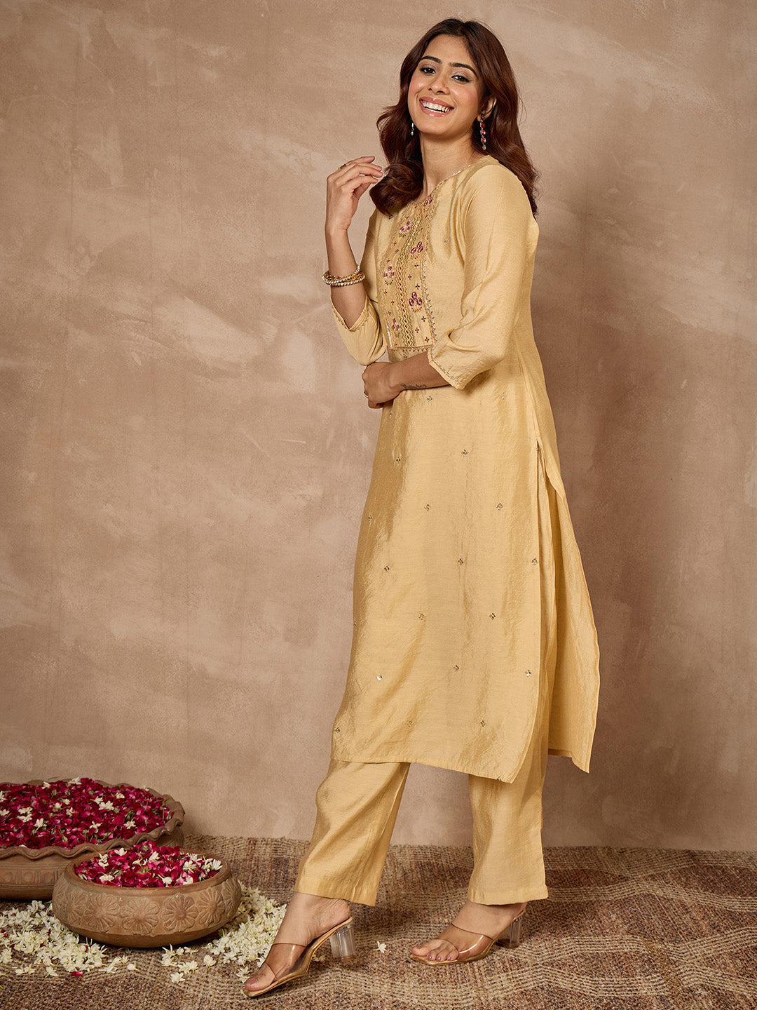 Janasya Women's Beige Chanderi Silk Zari Embroidered Straight Kurta Pant Set