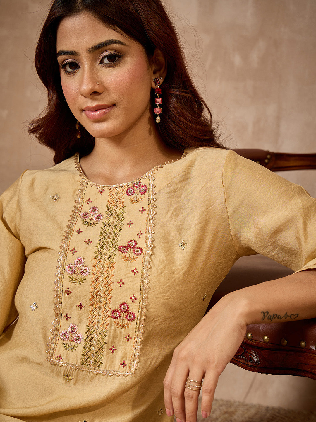 Janasya Women's Beige Chanderi Silk Zari Embroidered Straight Kurta Pant Set
