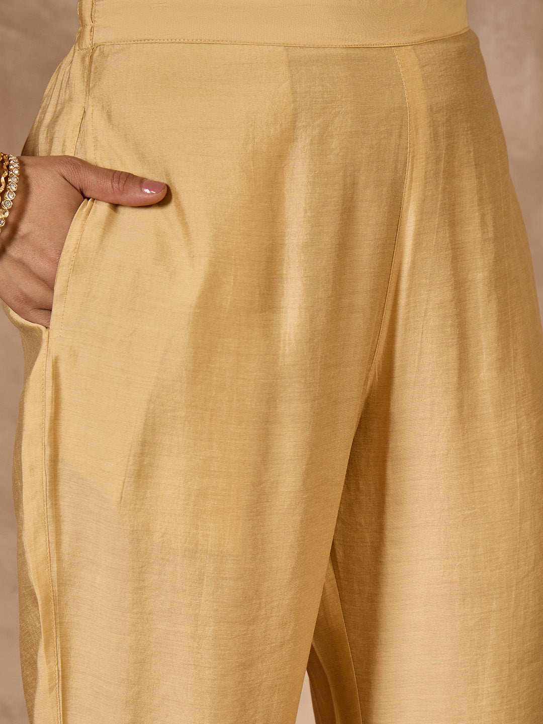 Janasya Women's Beige Chanderi Silk Zari Embroidered Straight Kurta Pant Set