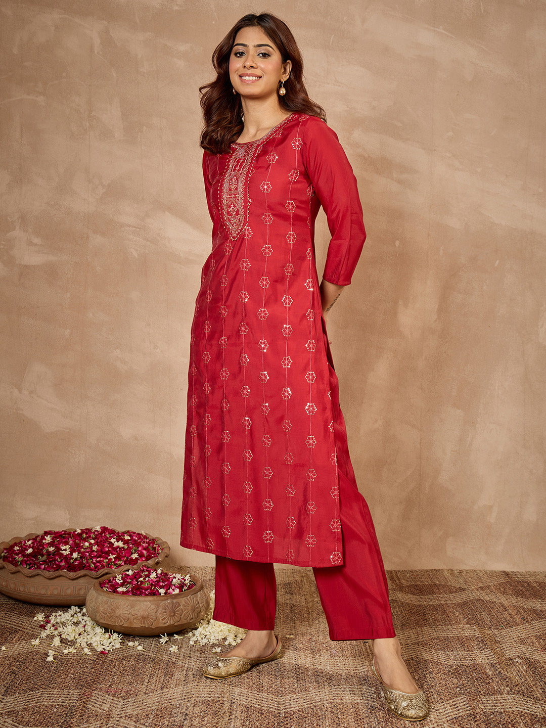 Janasya Women's Maroon Chanderi Silk Floral Embroidered Straight Kurta with Pant Set