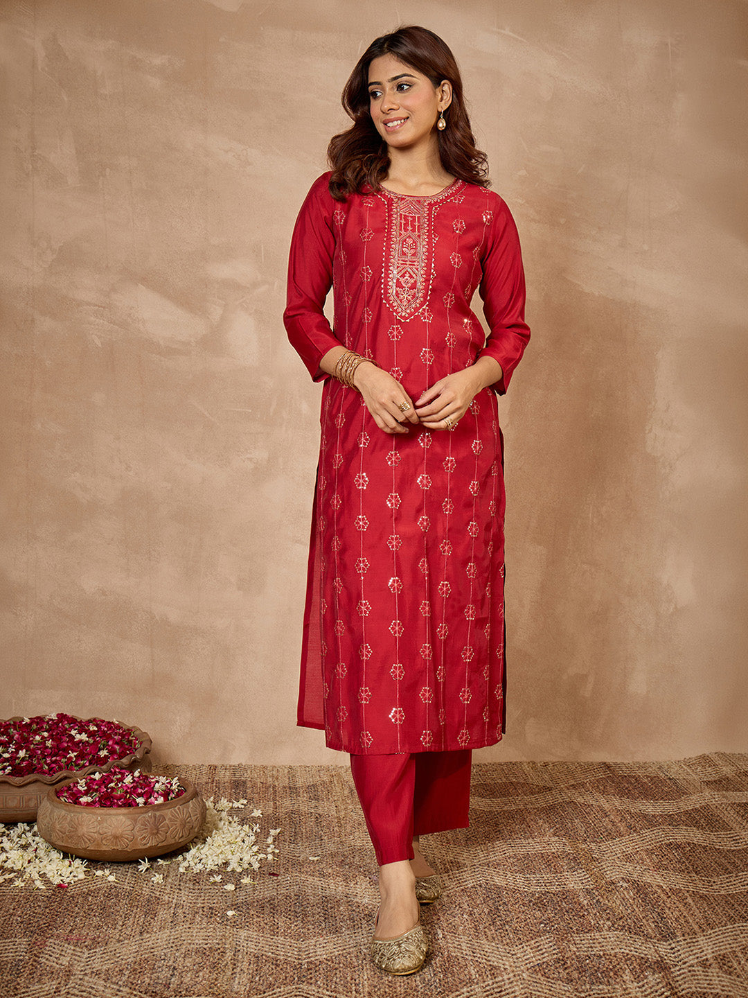 Janasya Women's Maroon Chanderi Silk Floral Embroidered Straight Kurta with Pant Set