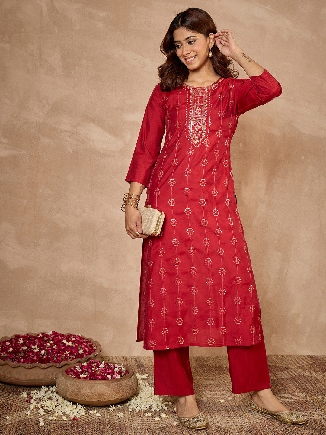 Janasya Women's Maroon Chanderi Silk Floral Embroidered Straight Kurta with Pant Set