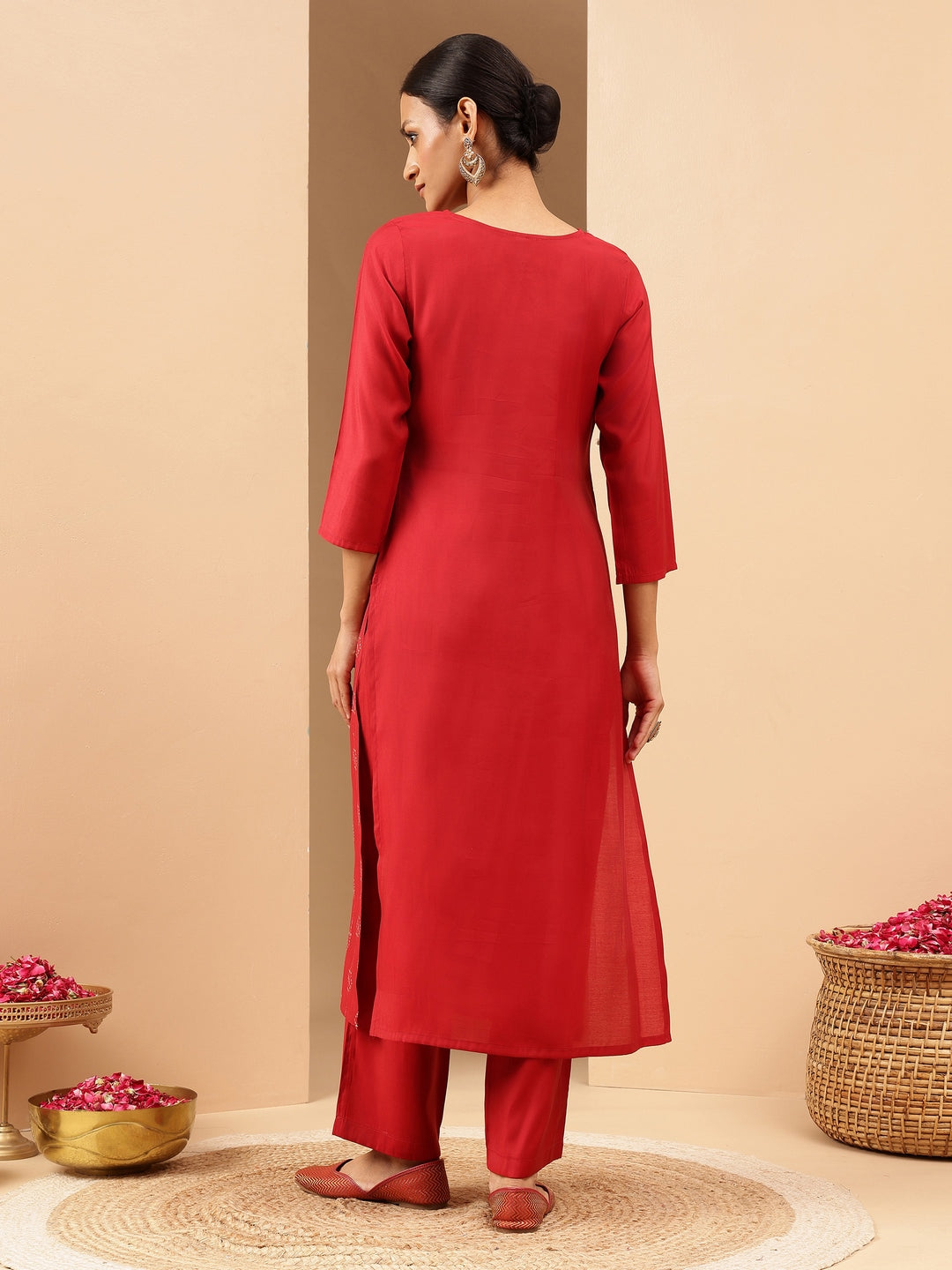 Janasya Women's Red Chanderi Silk Embellished Straight Kurta Pant Set