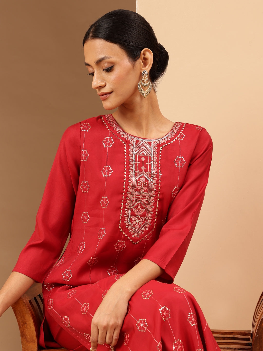 Janasya Women's Red Chanderi Silk Embellished Straight Kurta Pant Set