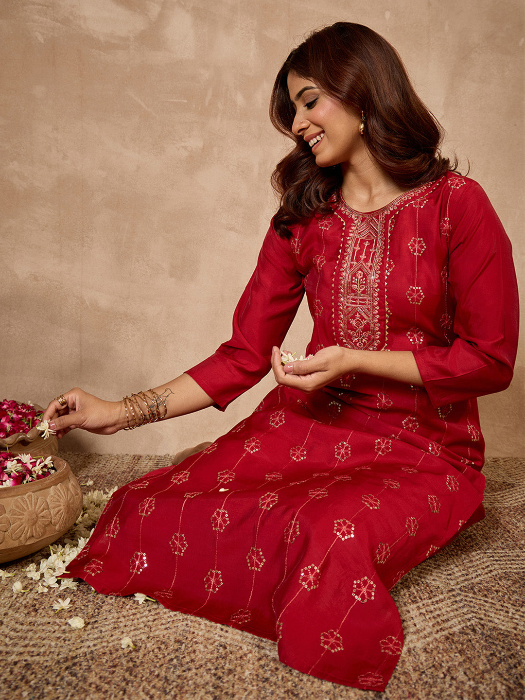 Janasya Women's Maroon Chanderi Silk Floral Embroidered Straight Kurta with Pant Set
