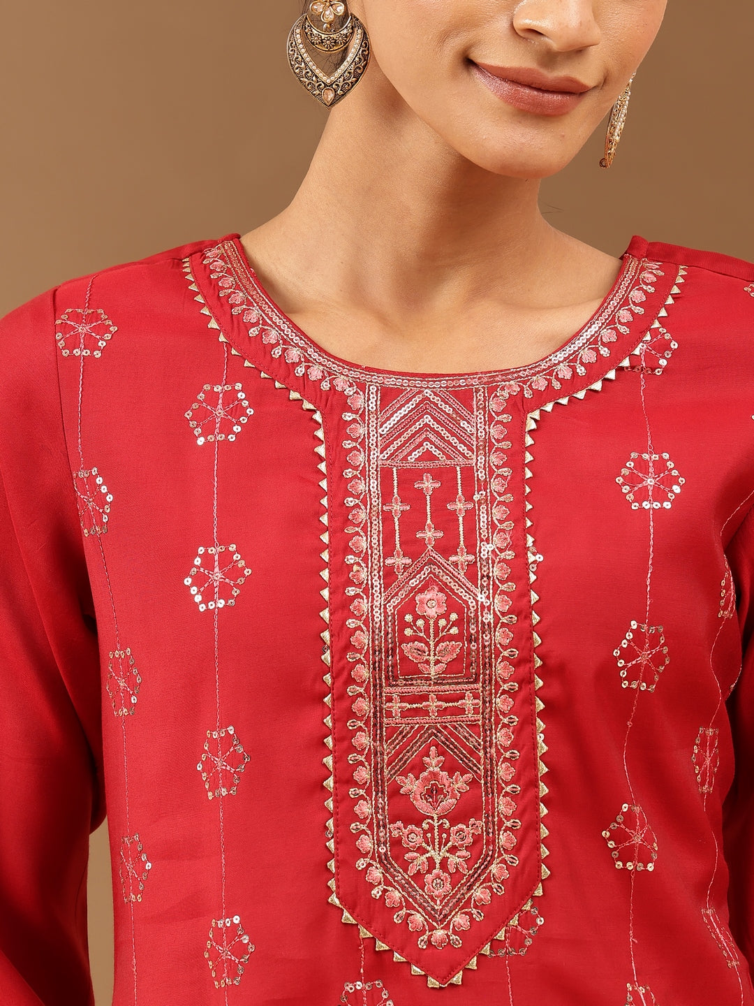 Janasya Women's Red Chanderi Silk Embellished Straight Kurta Pant Set