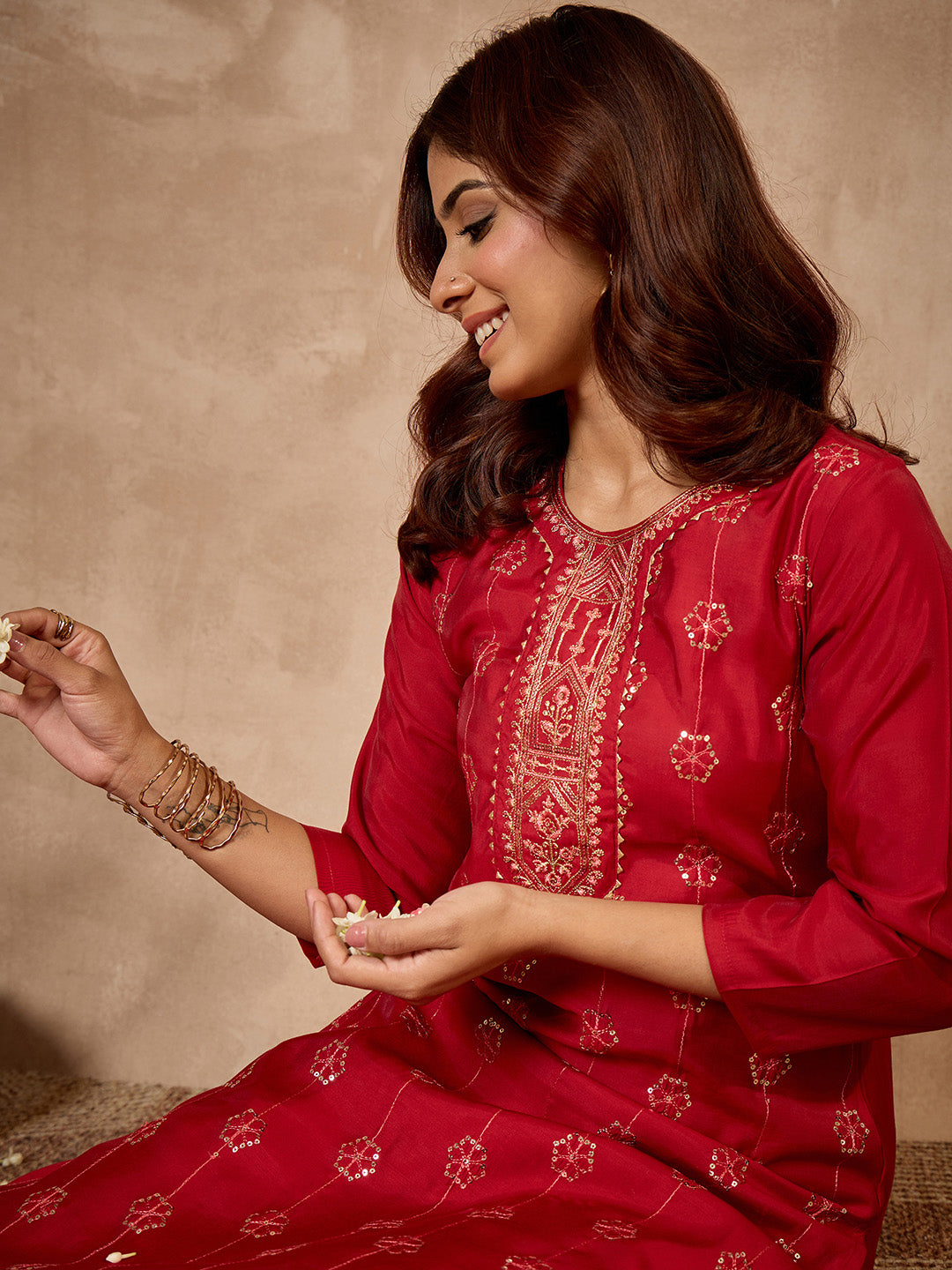Janasya Women's Maroon Chanderi Silk Floral Embroidered Straight Kurta with Pant Set