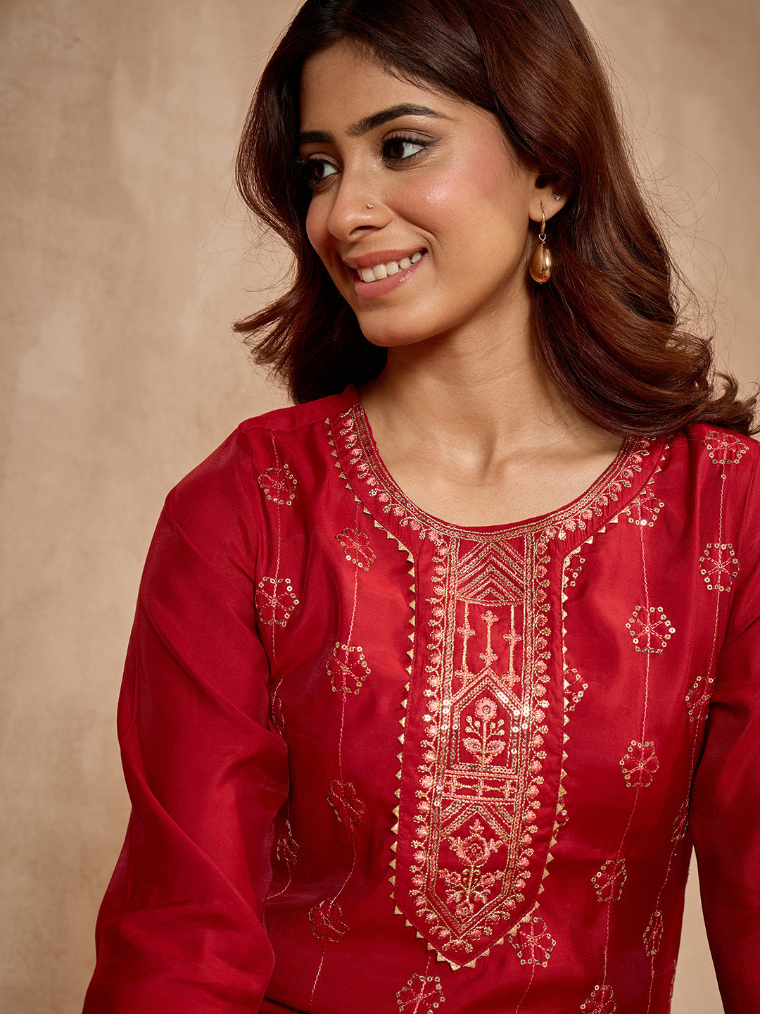 Janasya Women's Maroon Chanderi Silk Floral Embroidered Straight Kurta with Pant Set