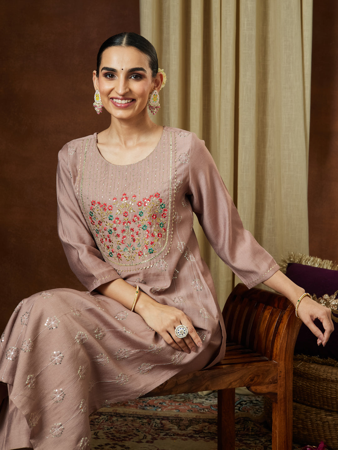 Janasya Women's Brown Silk Blend Zari Embroidered Straight Kurta Pant Set