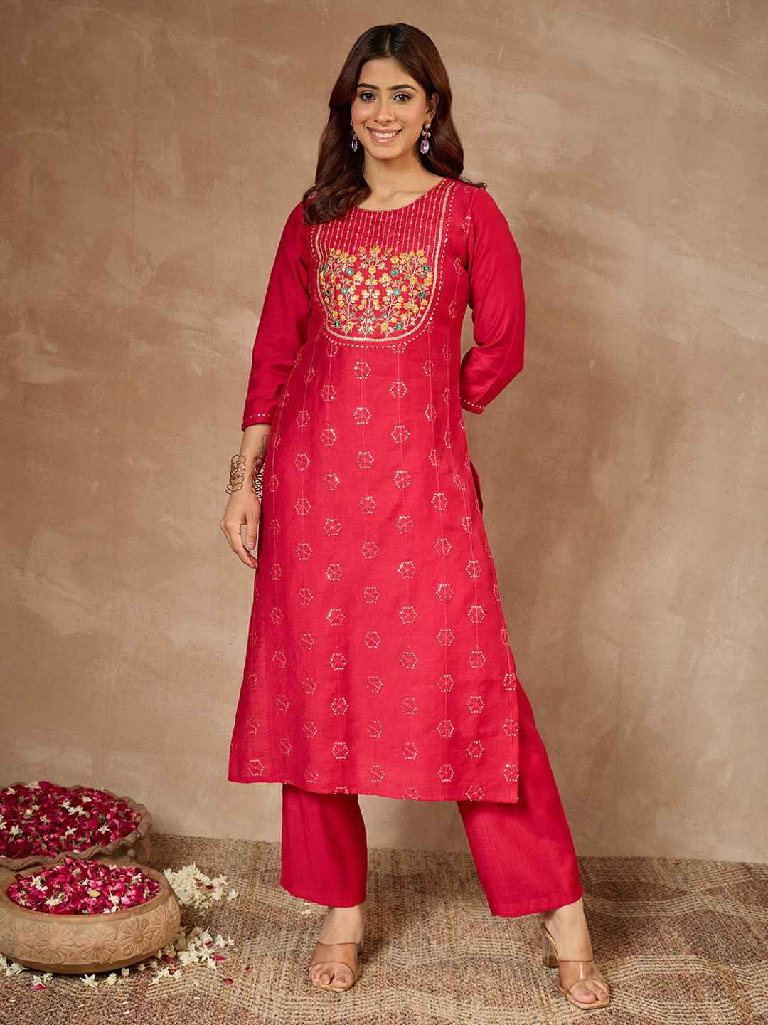Janasya Women's Pink Silk Blend Embroidered Straight Kurta Pant Set