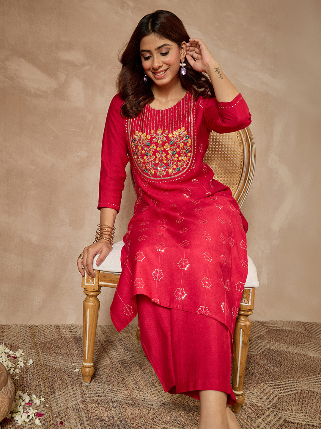 Janasya Women's Pink Silk Blend Embroidered Straight Kurta Pant Set