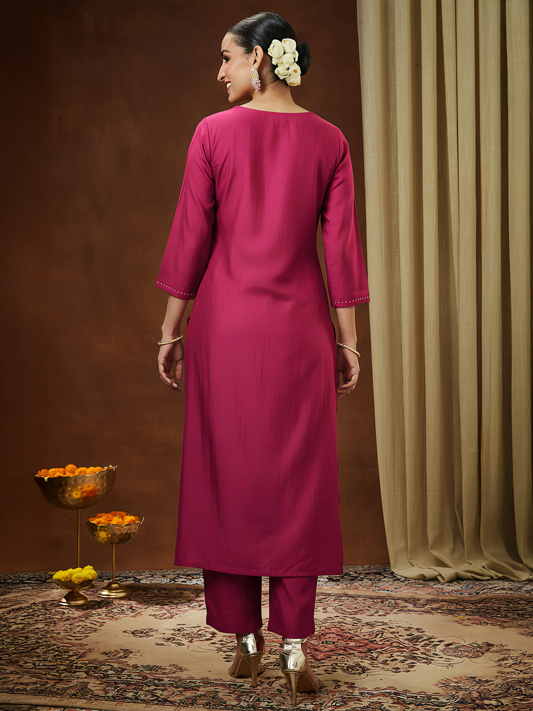 Janasya Women's Pink Silk Blend Embroidered Straight Kurta Pant Set