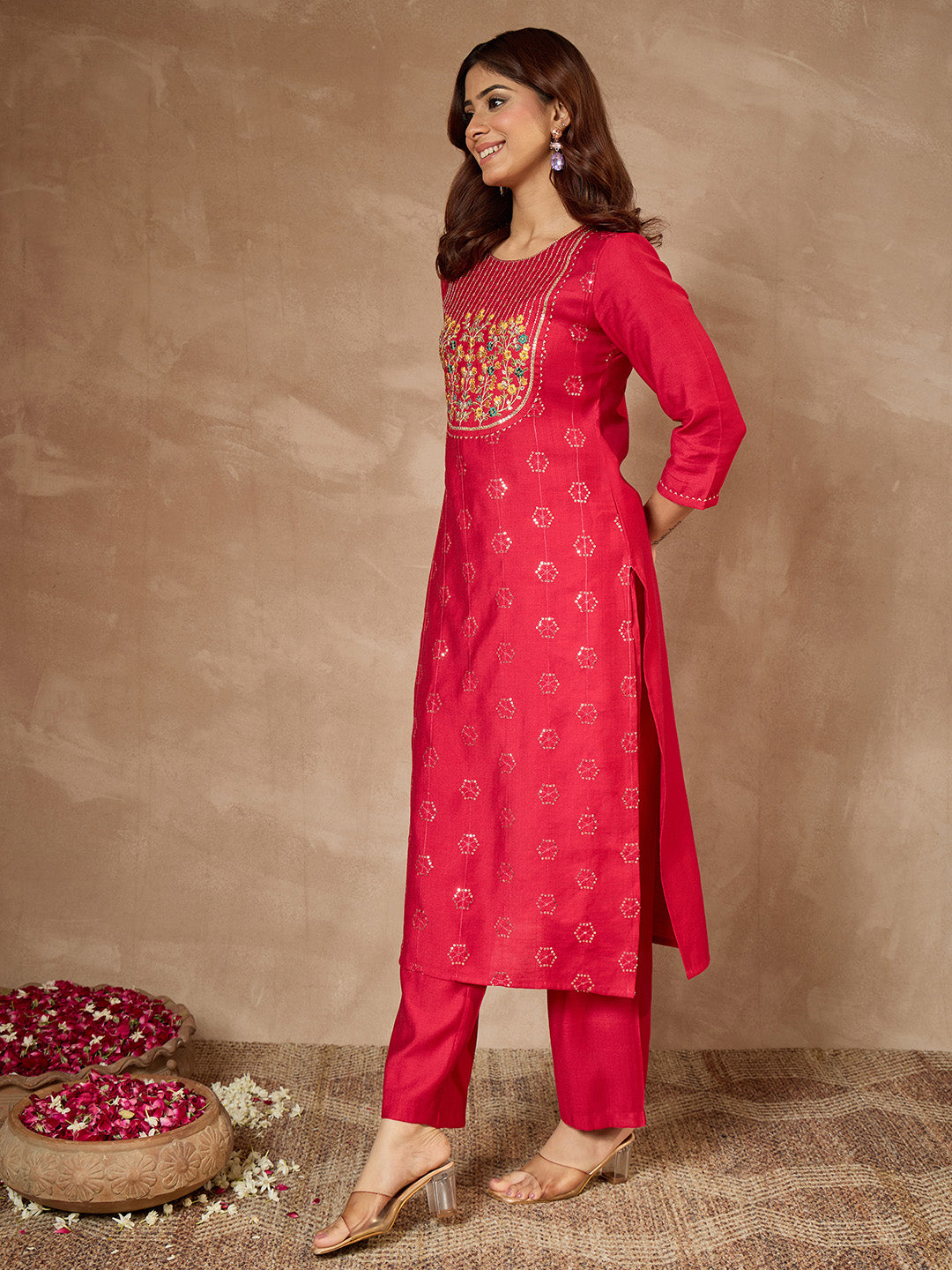 Janasya Women's Pink Silk Blend Embroidered Straight Kurta Pant Set