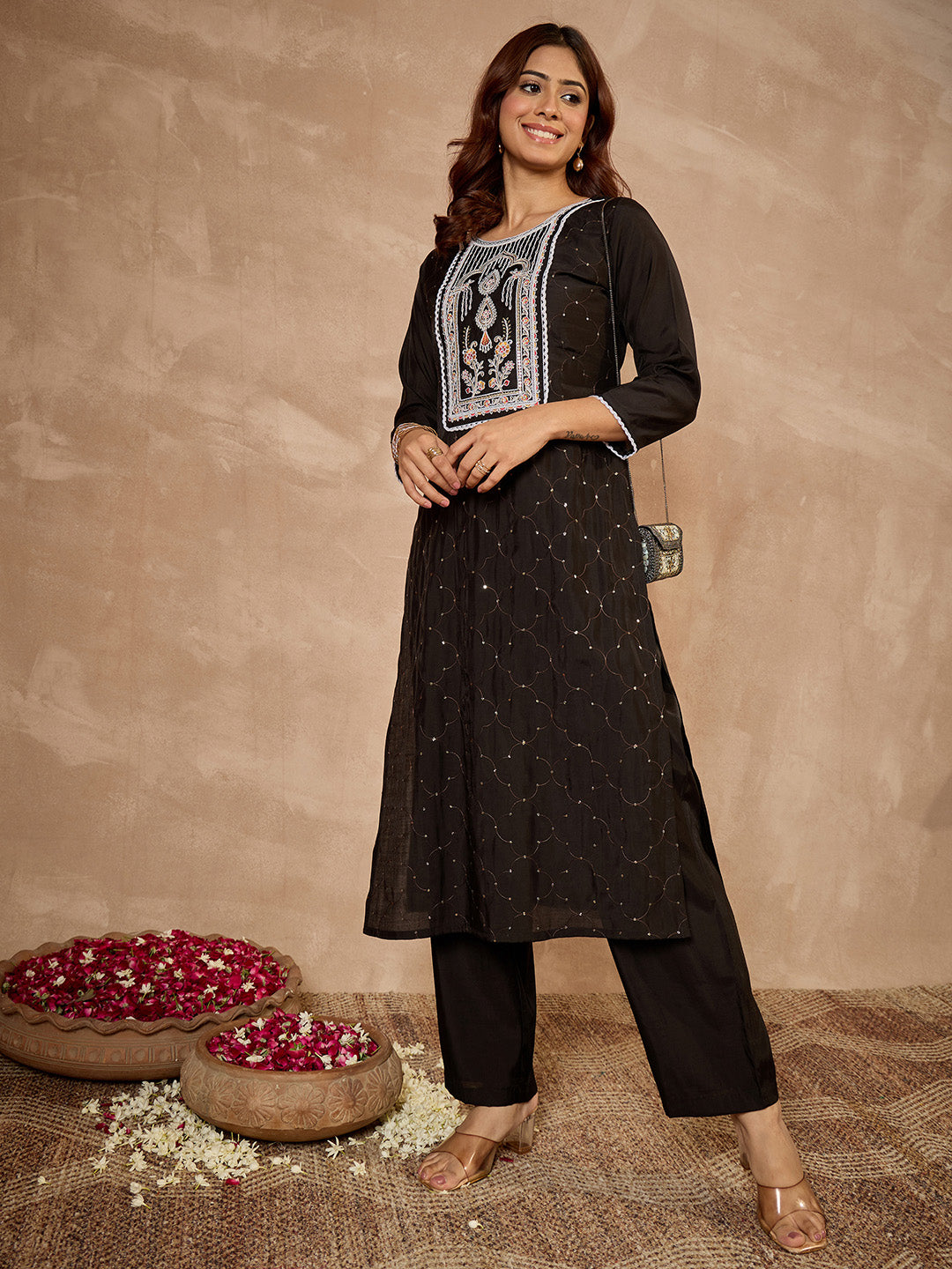 Janasya Women's Black Chanderi Silk Embroidered Straight Kurta Pant Set