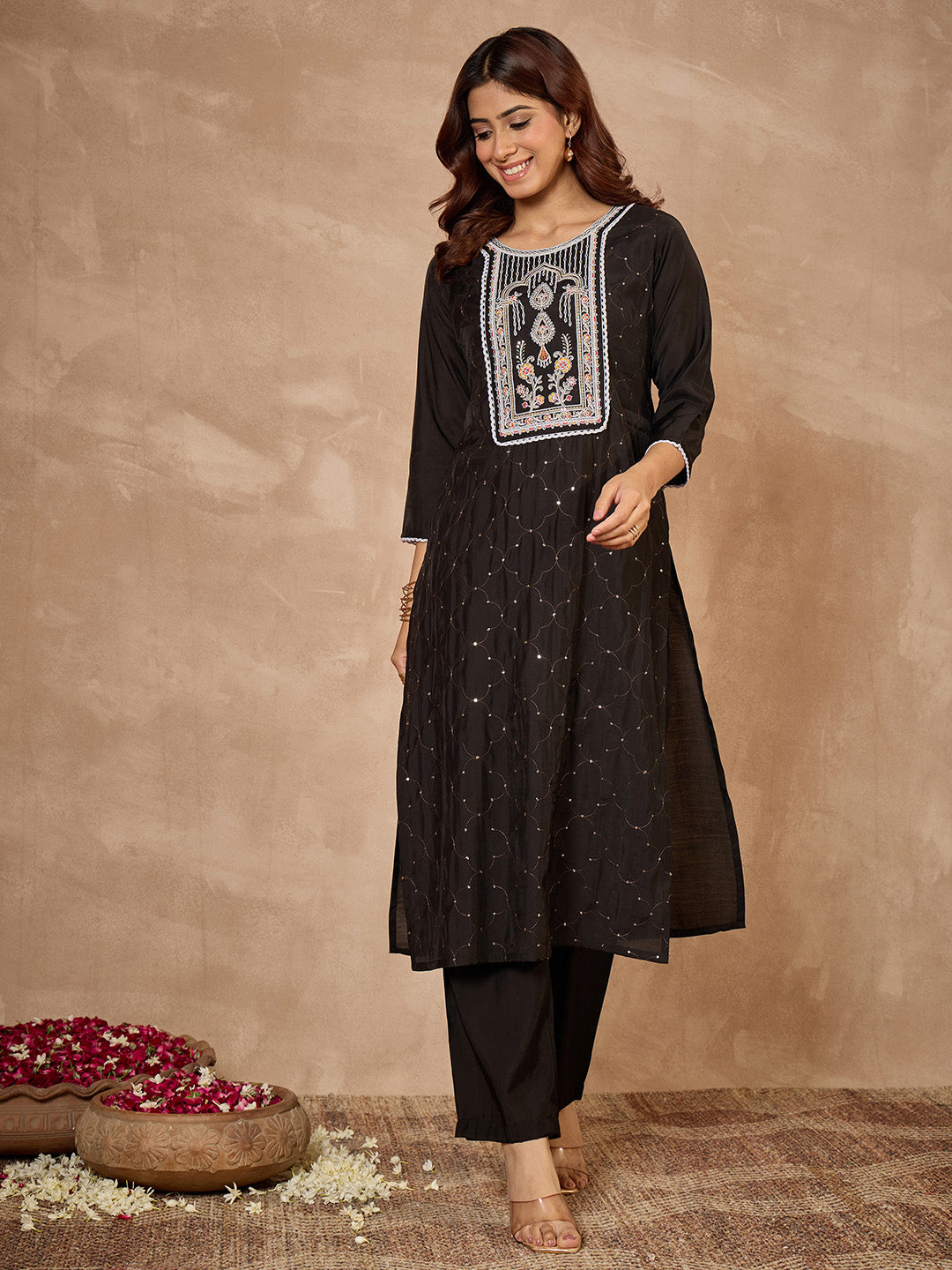 Janasya Women's Black Chanderi Silk Embroidered Straight Kurta Pant Set