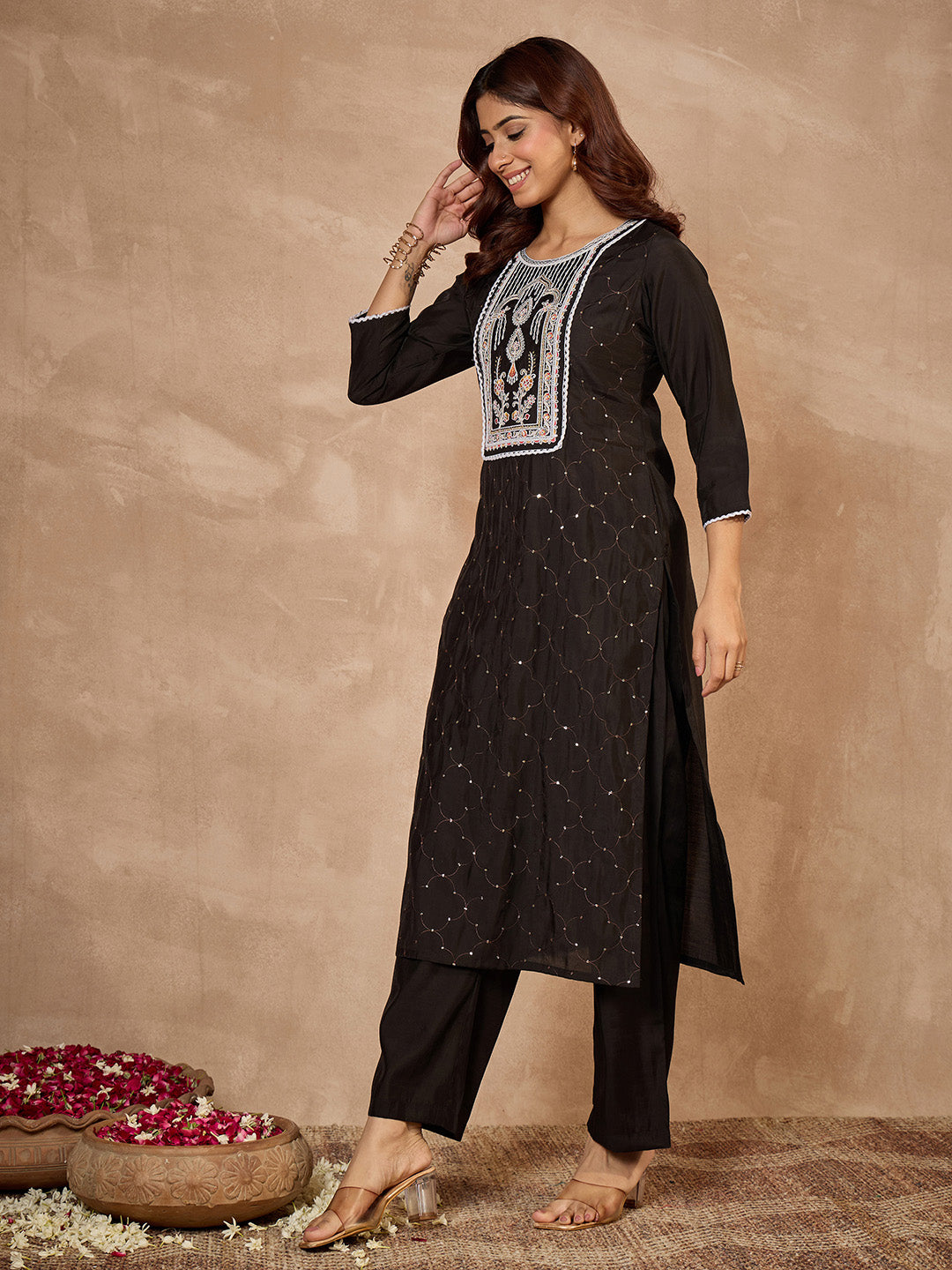 Janasya Women's Black Chanderi Silk Embroidered Straight Kurta Pant Set