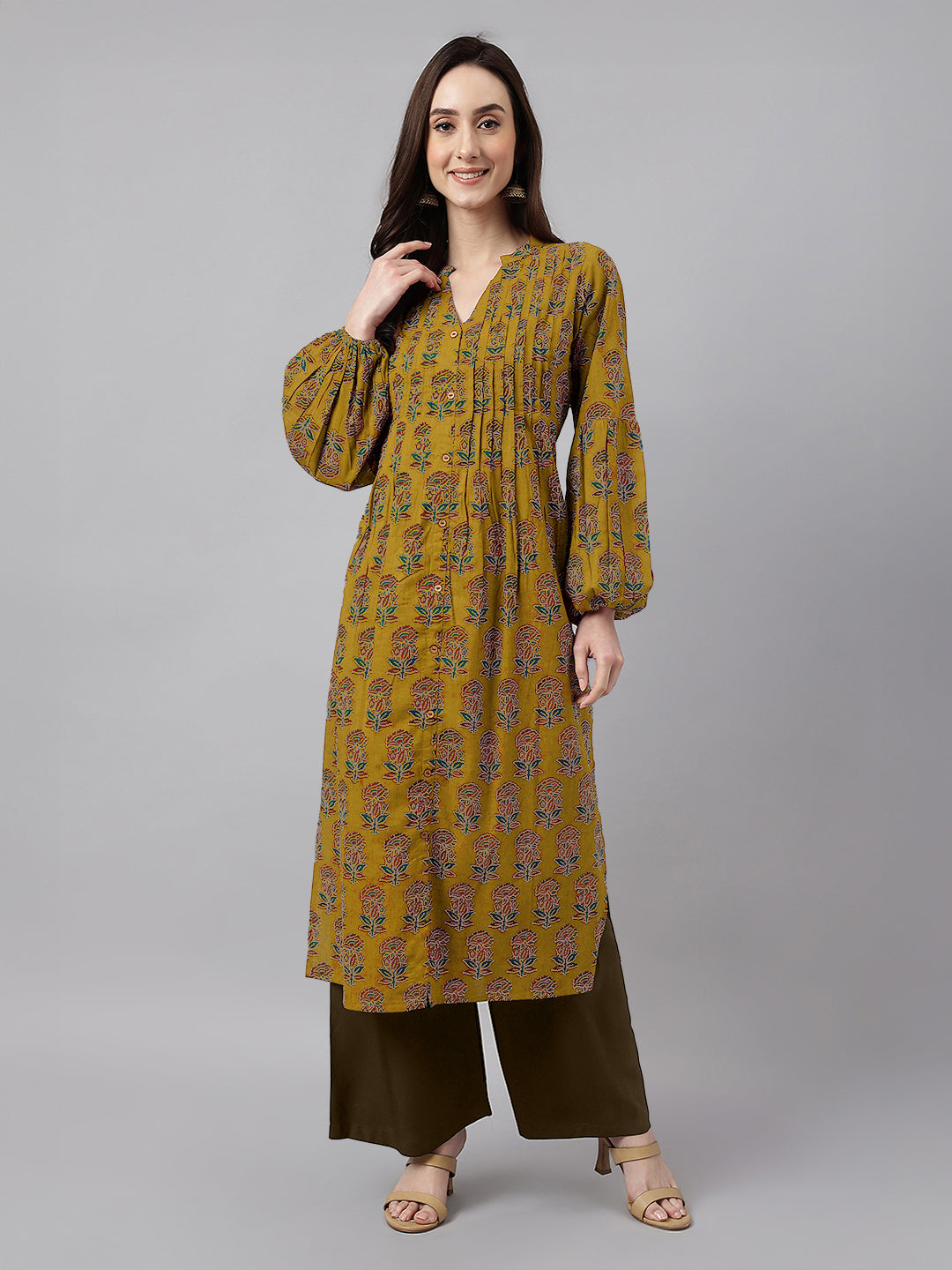 Janasya Women's Mustard Pure Cotton Floral Printed Straight Kurta