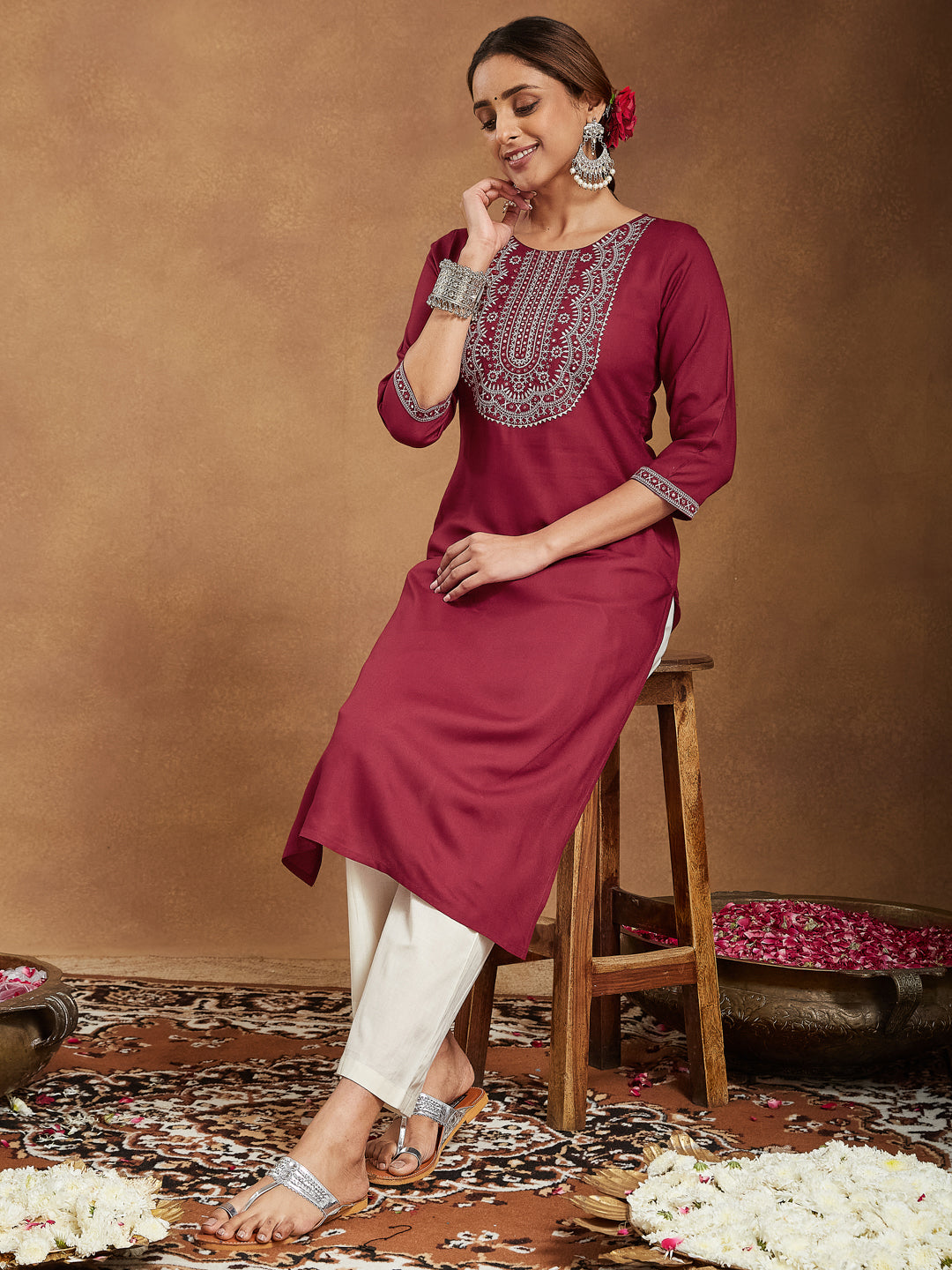 Janasya Women's Maroon Rayon Embroidered Straight Kurta