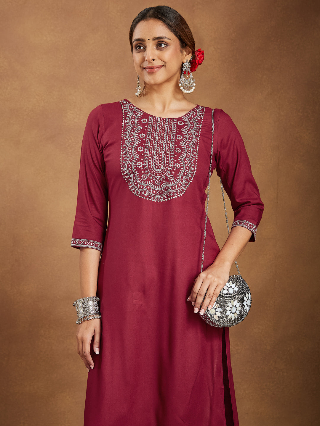 Janasya Women's Maroon Rayon Embroidered Straight Kurta