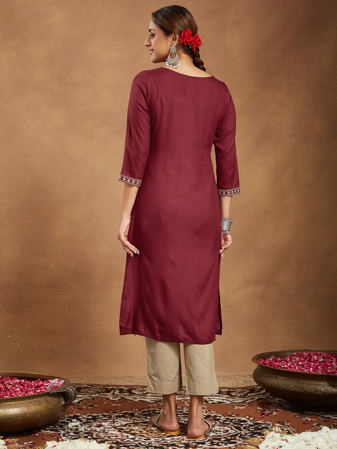 Janasya Women's Maroon Rayon Embroidered Straight Kurta