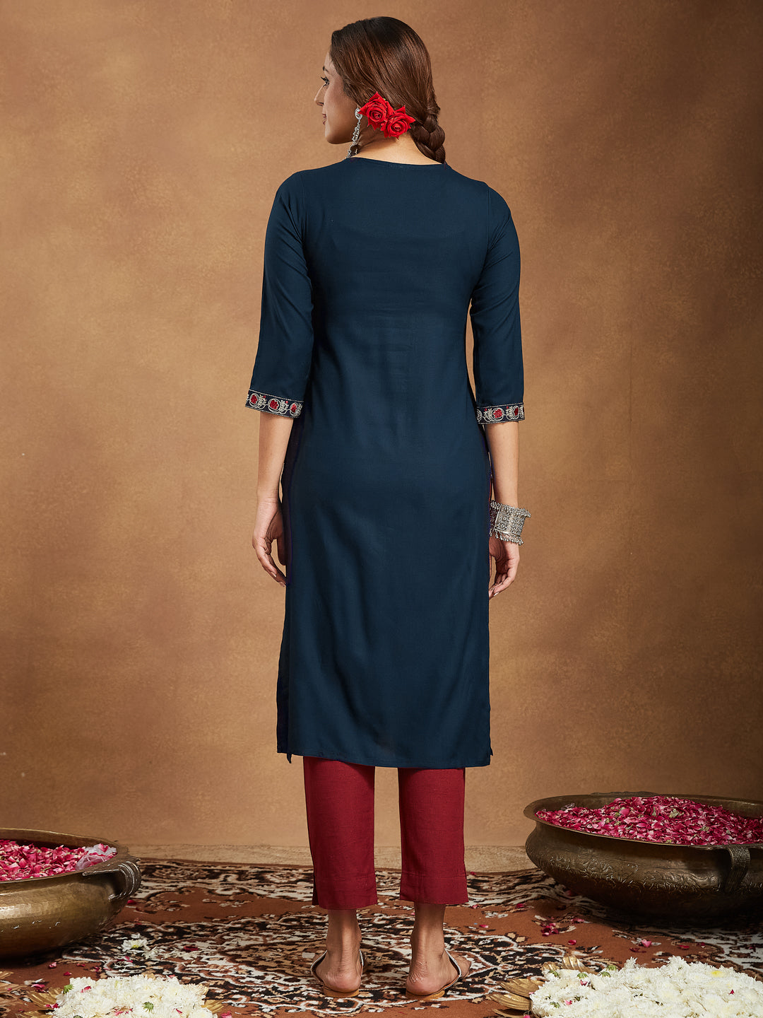 Janasya Women's Navy Blue Rayon Embroidered Straight Kurta