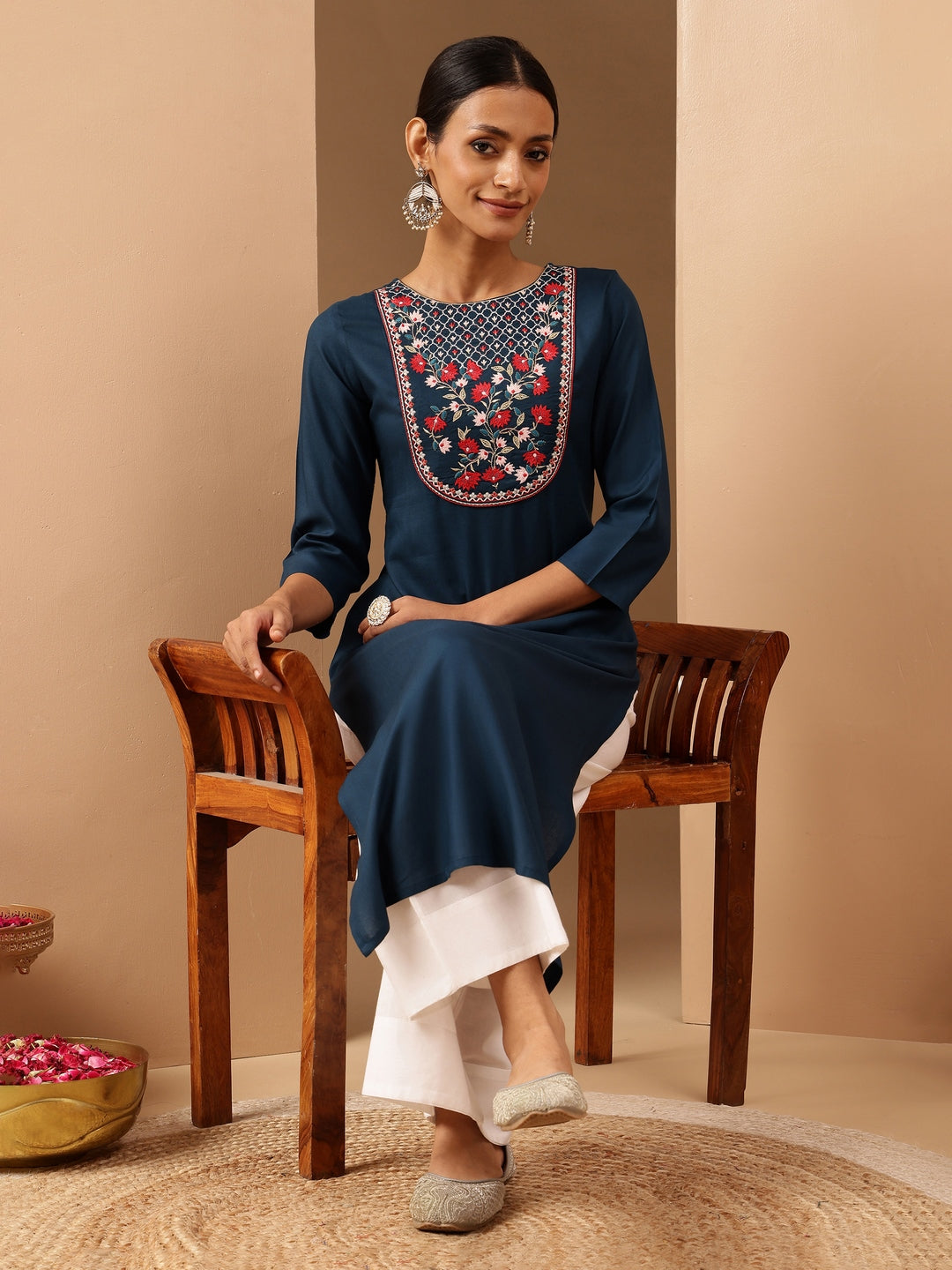 Janasya Women's Teal Blue Rayon Yoke Embroidered Straight Kurta